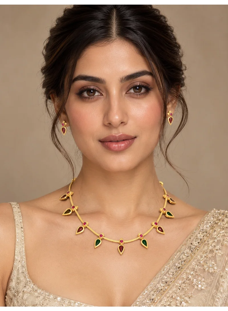 Lehar Red & Green Teardrop Charm Necklace Set - Gold Tone Indian Minimal Jewelry