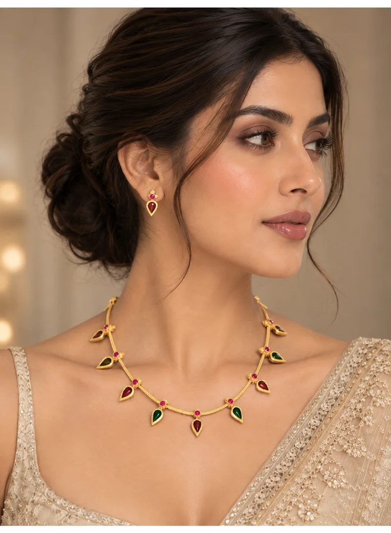 Lehar Red & Green Teardrop Charm Necklace Set - Gold Tone Indian Minimal Jewelry
