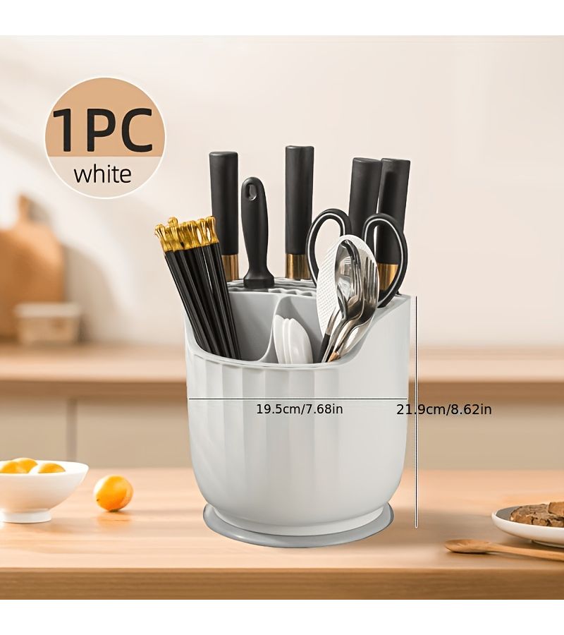 Multifunctional Kitchen Utensil Organizer 360 Degree Rotatable Knife And Cutlery Rack With Drainage For Spoons Chopsticks Forks Durable PP Material - Image 3