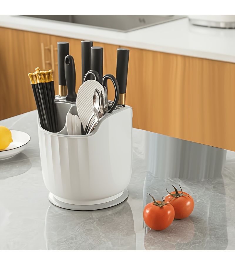 Multifunctional Kitchen Utensil Organizer 360 Degree Rotatable Knife And Cutlery Rack With Drainage For Spoons Chopsticks Forks Durable PP Material - Image 2