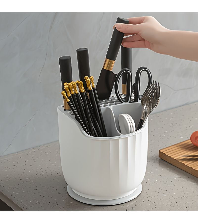 Multifunctional Kitchen Utensil Organizer 360 Degree Rotatable Knife And Cutlery Rack With Drainage For Spoons Chopsticks Forks Durable PP Material - Image 1