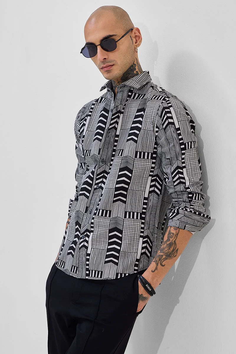 SNITCH Black Geometric Long Sleeve Slim Fit Shirt