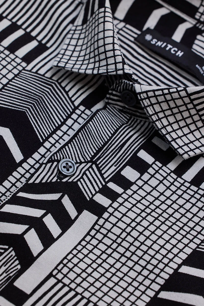 SNITCH Black Geometric Long Sleeve Slim Fit Shirt