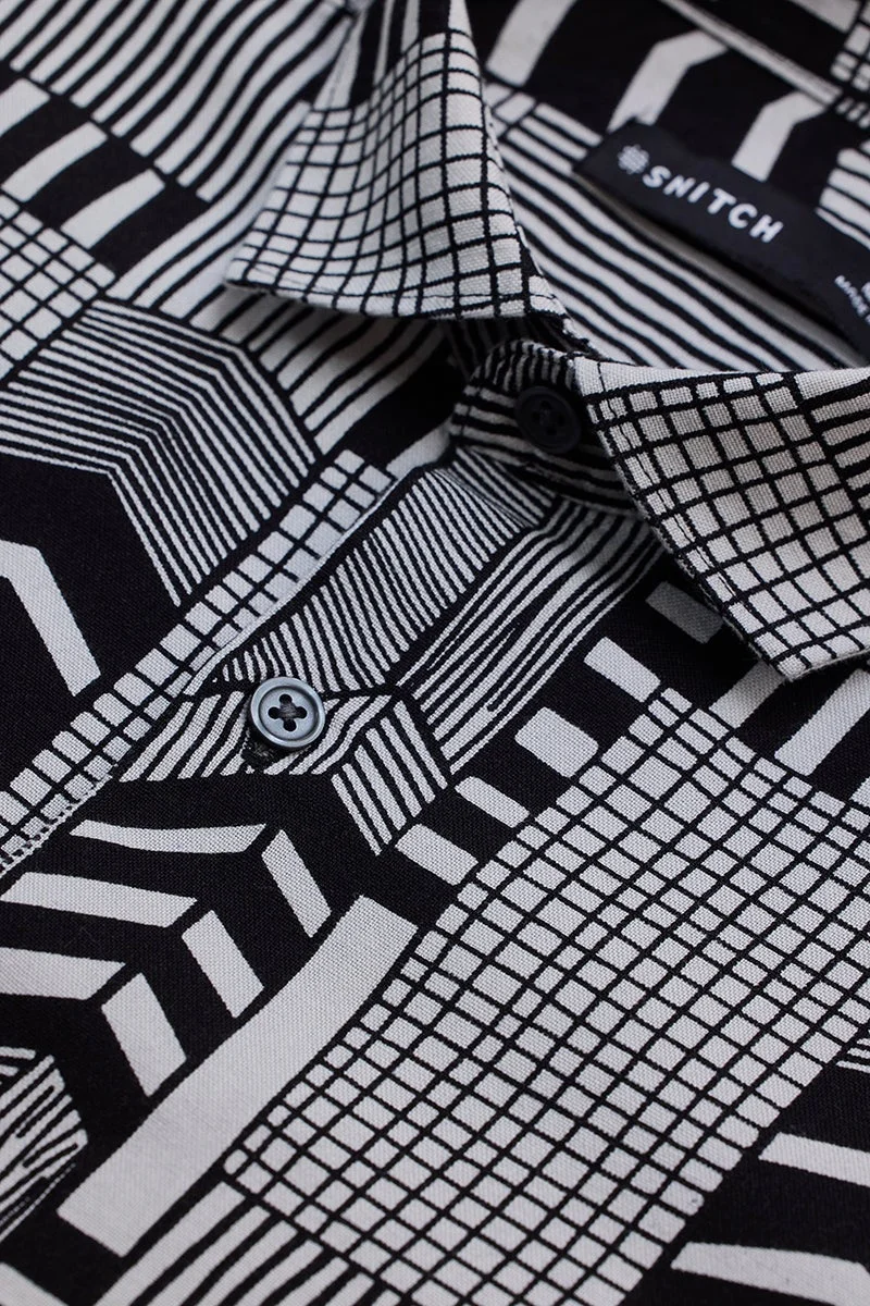 سنيتش Black Geometric Long Sleeve Slim Fit Shirt