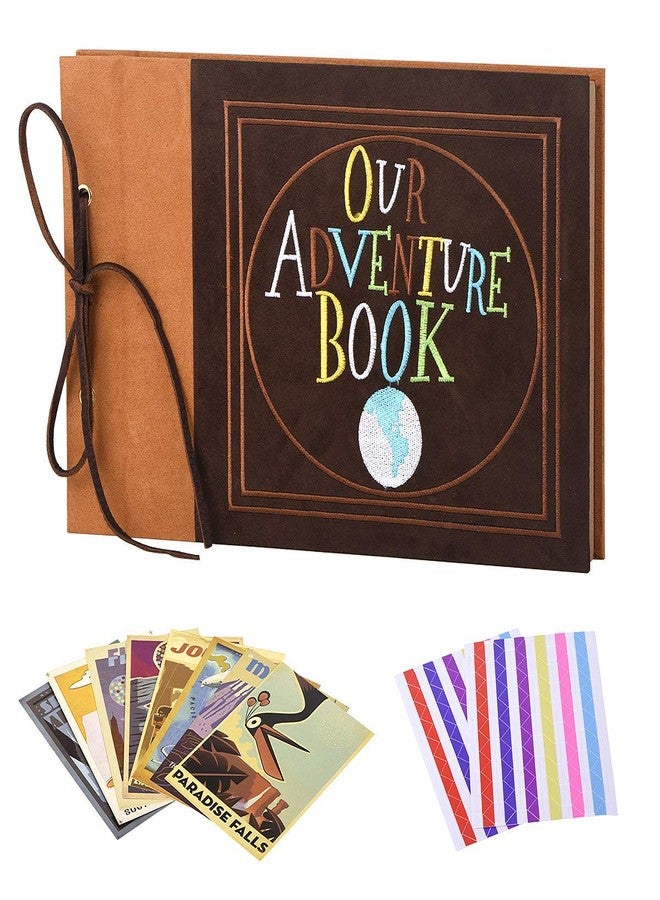 LINKEDWIN Our Adventure Book, Suede Cover Embroidered Scrapbook with Pixar Up Themed Postcards, Wedding and Anniversary Photo Album, Memory Keepsake, 11.6 x 7.5 inches, 80 Pages - Image 5