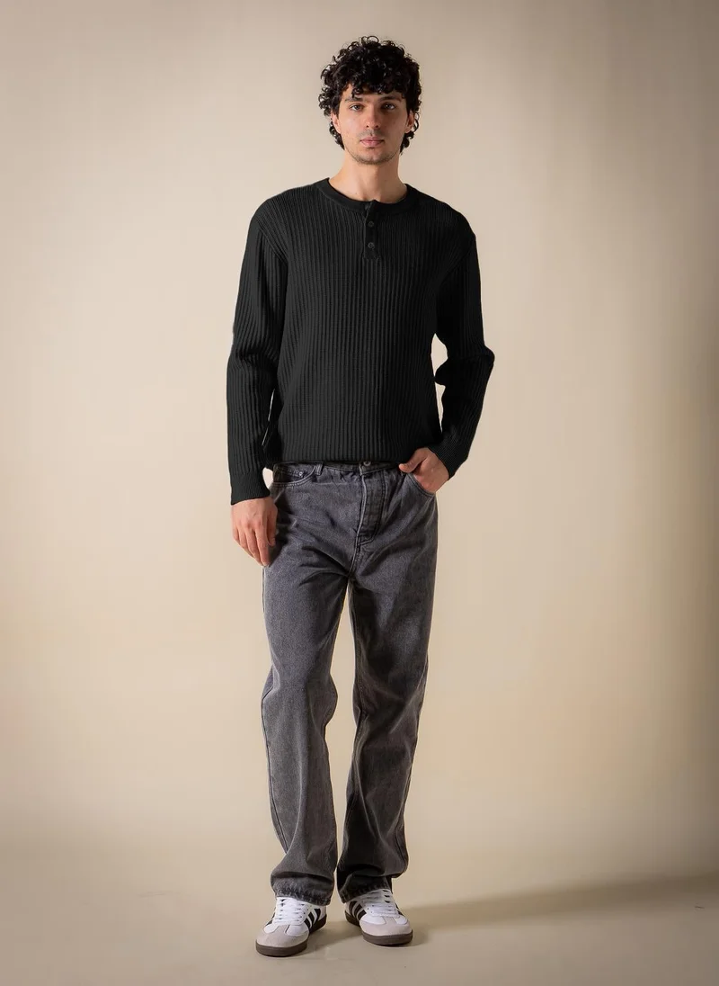 SHAPES Black TEXTURED HENLEY SWEATSHIRT for Men | Best Price UAE