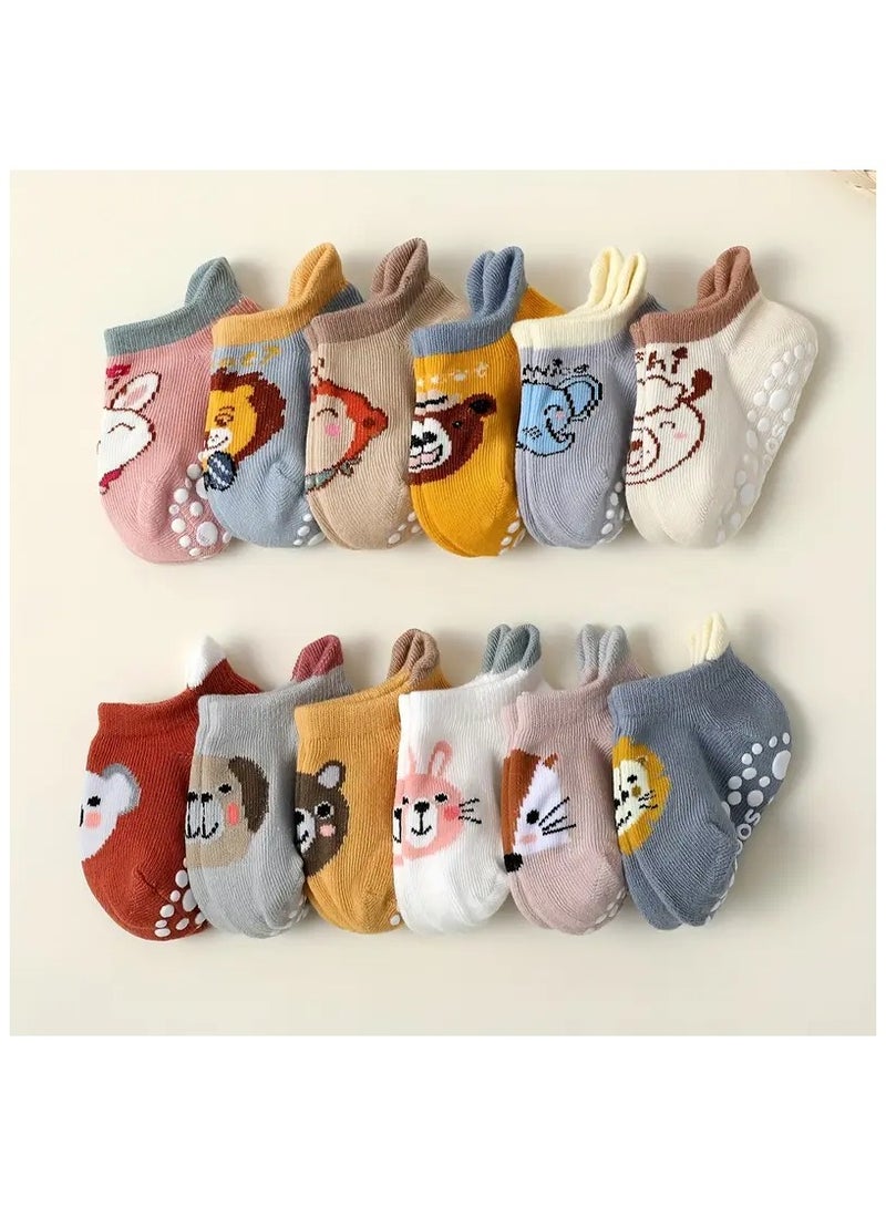 12-Pack Kids Cartoon Ankle Socks with Non-Slip Silicone - Cotton Rich Blend, Knit Fabric, All-Season Comfort for Kids, Assorted Designs - Machine Washable (6m - 12months)  - Image 1