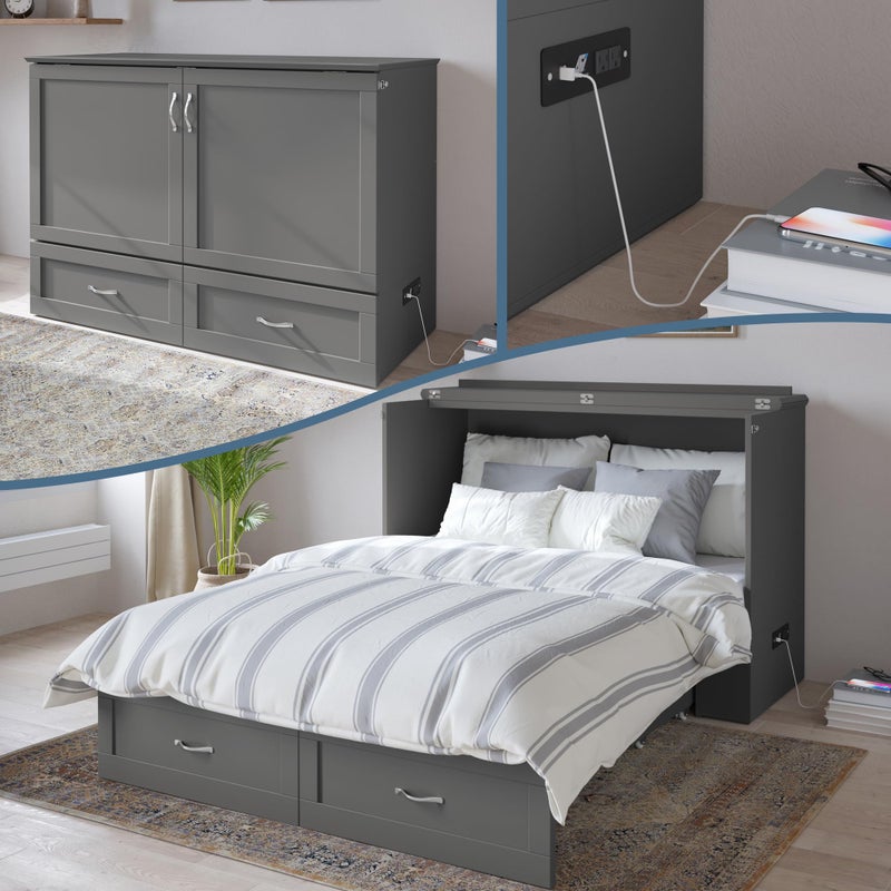 Afi AFI Hamilton Full Murphy Bed Chest with Mattress Storage and Builtin Charger in Grey 