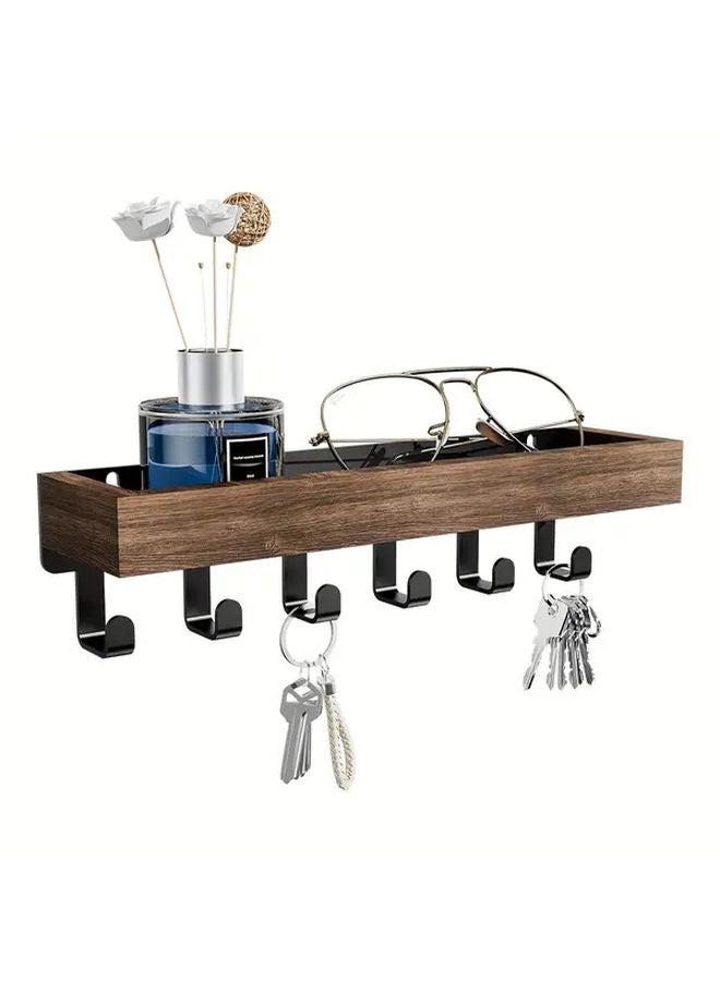 Brown Rustic Wooden Floating Shelf With 6 Hooks Nordic Wall Mounted Storage - Image 1