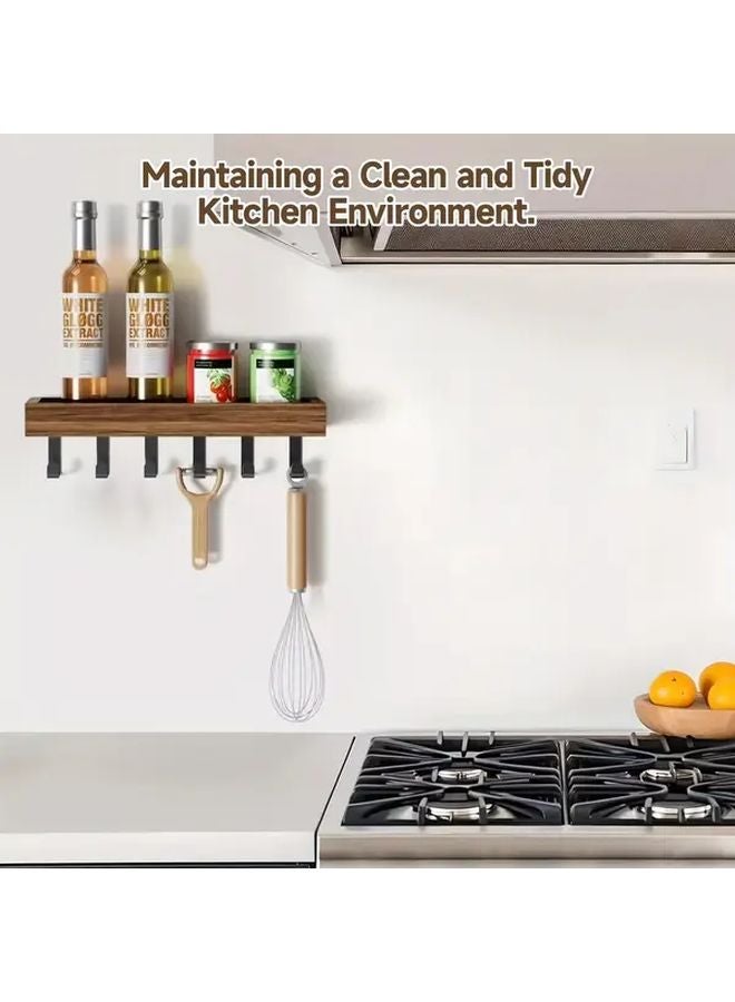 Brown Rustic Wooden Floating Shelf With 6 Hooks Nordic Wall Mounted Storage - Image 5