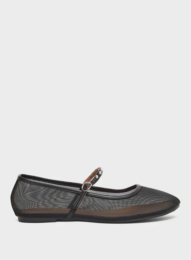 Styli Black Mesh Mary Jane Flats