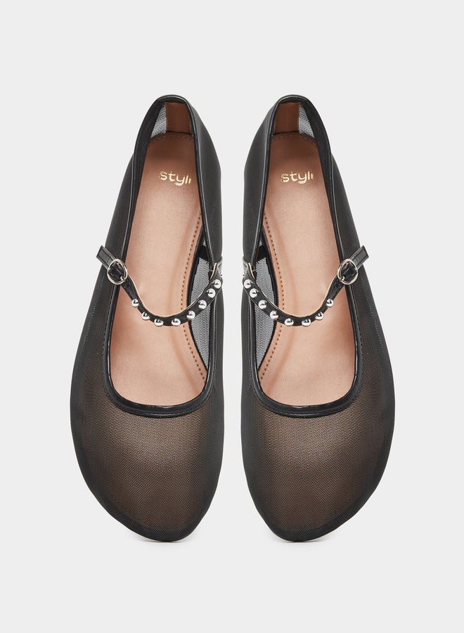 Styli Black Mesh Mary Jane Flats - Image 5