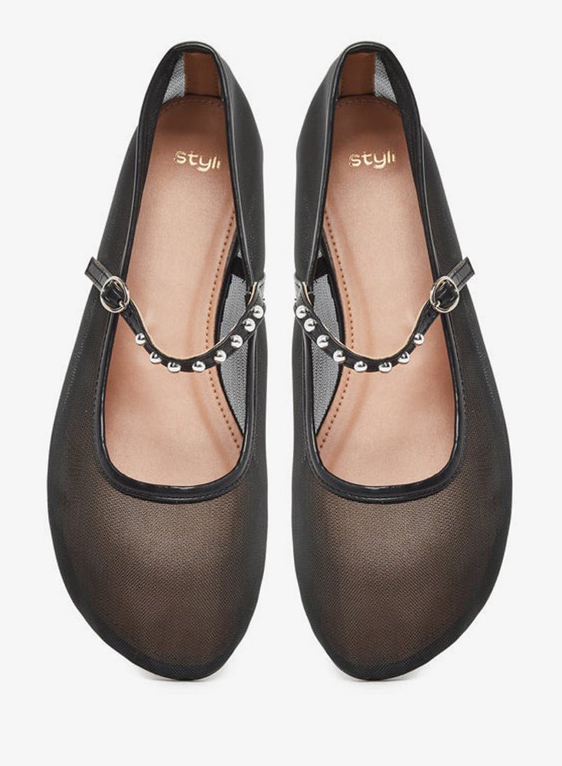 Styli Black Mesh Mary Jane Flats - Image 5