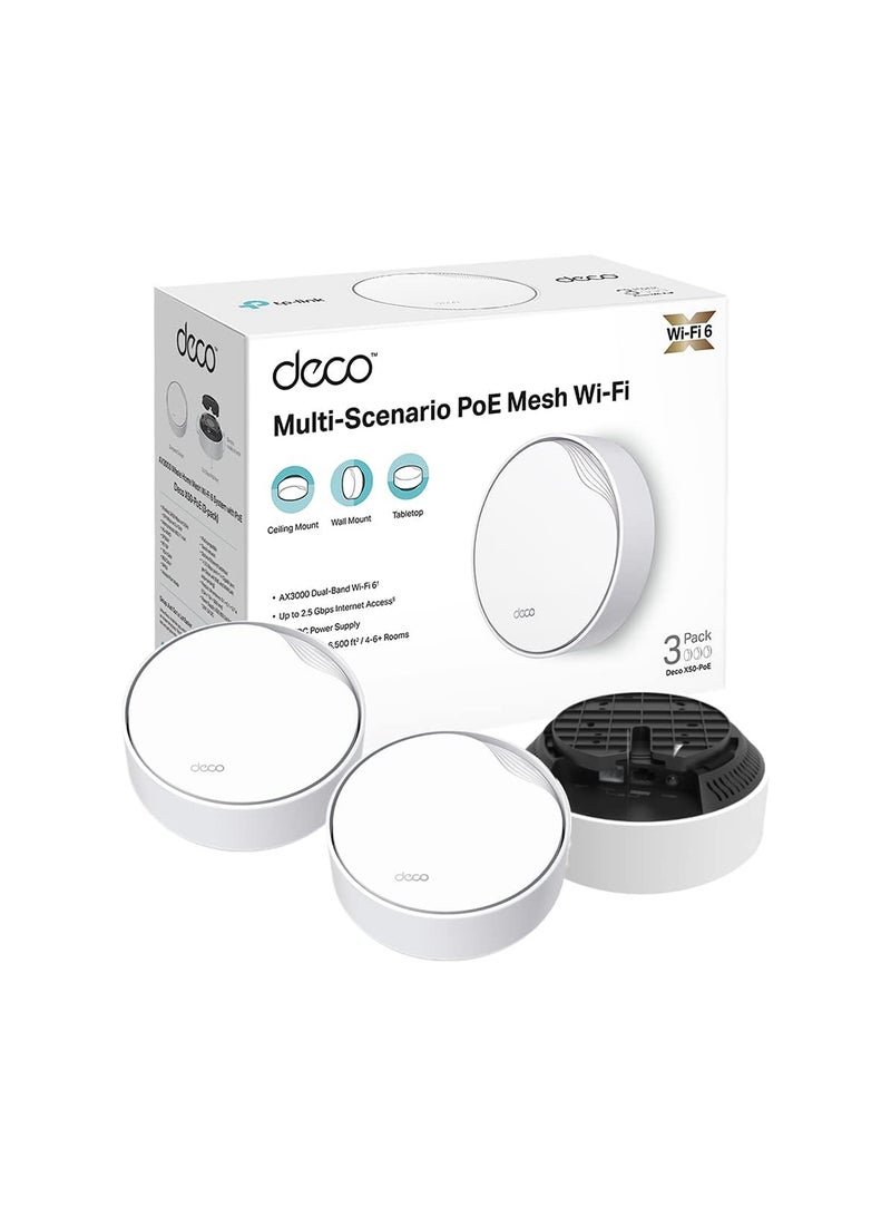 TP-LINK Deco X50-PoE AX3000 Whole Home Mesh Wi-Fi 6 System with PoE, Dual-Band, AI-Driven Mesh, cover up to 6,500 ft2, Connect up to 150 devices, 1.0 GHz Dual-Core CPU, HomeShield, Pack of 3 White - Image 1