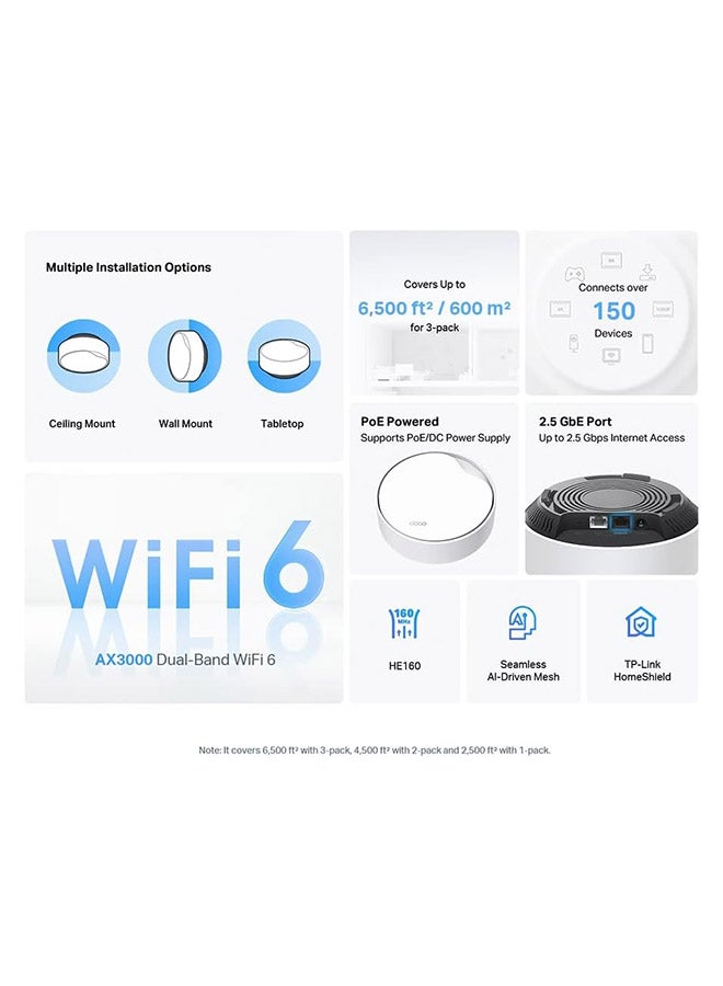 TP-LINK Deco X50-PoE AX3000 Whole Home Mesh Wi-Fi 6 System with PoE, Dual-Band, AI-Driven Mesh, cover up to 6,500 ft2, Connect up to 150 devices, 1.0 GHz Dual-Core CPU, HomeShield, Pack of 3 White - Image 4
