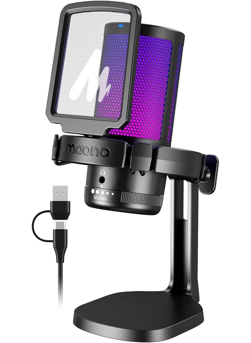 ماونو ميكروفون USB للألعاب، ميكروفون كونденسر لإلغاء الضوضاء مع إضاءة RGB، تبديل الصمت، ضبط الصوت للبث المباشر، التسجيل، البودكاست، الدردشة، Twitch، YouTube، Discord، الكمبيوتر، PS5، PS4، GamerWave - Image 1
