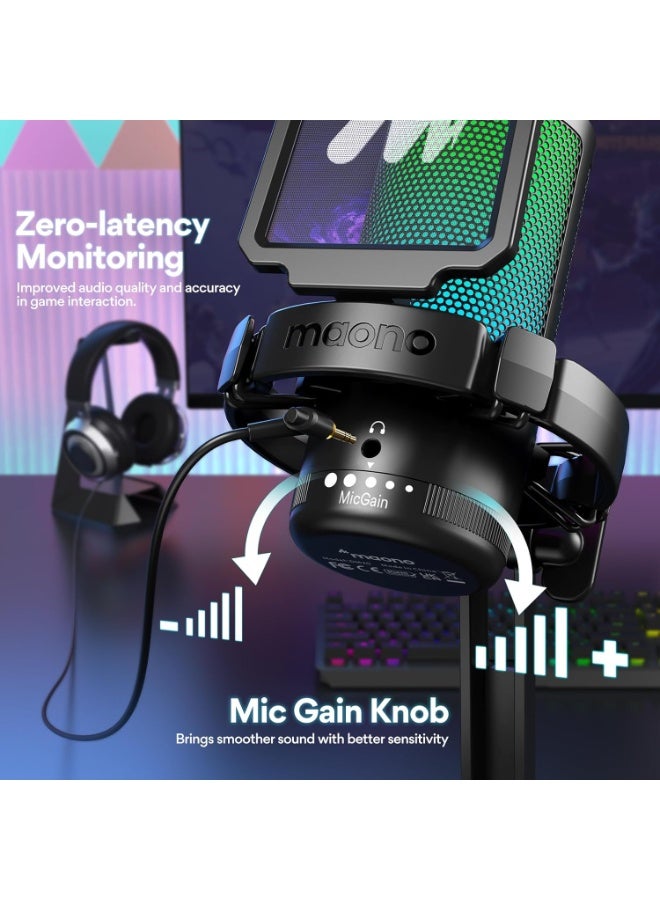 ماونو ميكروفون USB للألعاب، ميكروفون كونденسر لإلغاء الضوضاء مع إضاءة RGB، تبديل الصمت، ضبط الصوت للبث المباشر، التسجيل، البودكاست، الدردشة، Twitch، YouTube، Discord، الكمبيوتر، PS5، PS4، GamerWave - Image 5