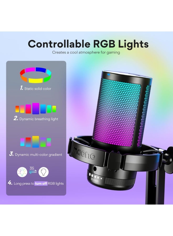 ماونو ميكروفون USB للألعاب، ميكروفون كونденسر لإلغاء الضوضاء مع إضاءة RGB، تبديل الصمت، ضبط الصوت للبث المباشر، التسجيل، البودكاست، الدردشة، Twitch، YouTube، Discord، الكمبيوتر، PS5، PS4، GamerWave - Image 4