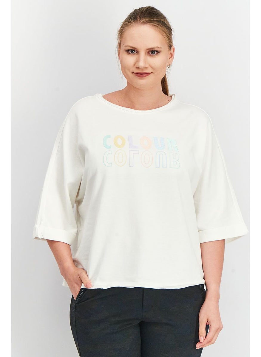 Tchibo Women Embroidered 3/4 Sleeve Sweatshirt, White  - Image 1