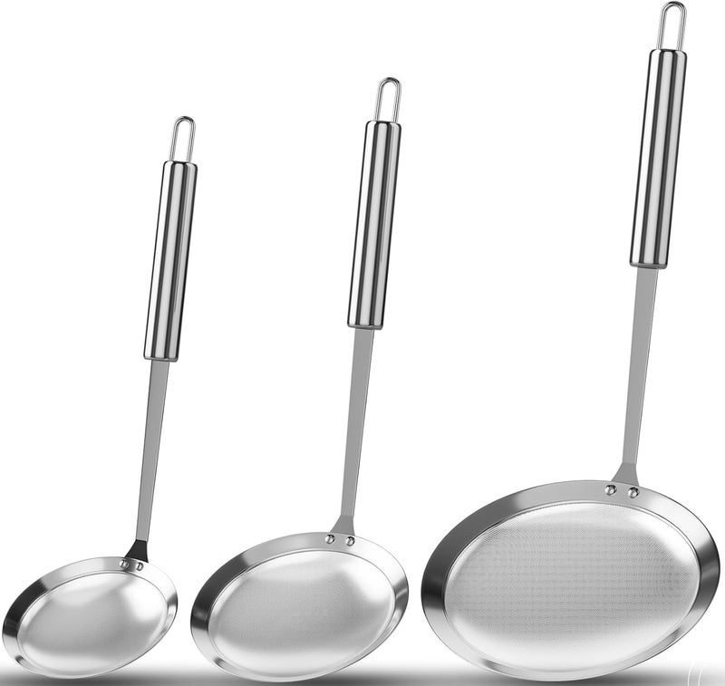 SIONLANG New Fine Mesh Skimmer Spoon, Professional 304 Stainless Steel Hot Pot Fat Strainer for Oil Filter Skimming Grease and Foam, Durable Multi-Functional Kitchen Cooking Mesh Food Strainer Ladle-3 Pack - Image 1