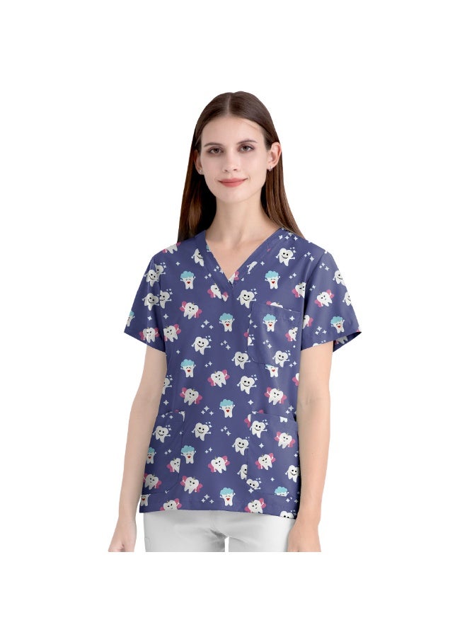 NIBEMINENT Elastic Teeth Dental Christmas Cartoon Pattern Short Sleeved Women's V-Neck Printed Top Nurse Uniform - Image 1