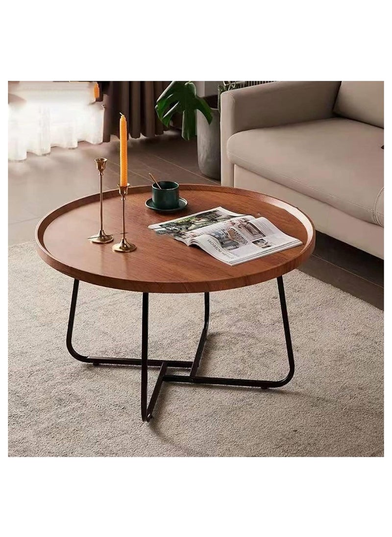XiuWoo Round Coffee Table with Metal Frame, Modern Wood Raised Edge Table, Durable Easy Assembly Cocktail Table End Table for Living Room Office - Image 1