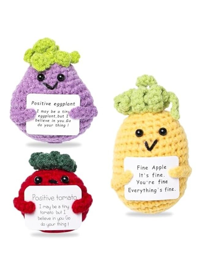 NIBEMINENT Pack of 3 Funny Positive Aubergine Pineapple Tomato Pocket Hug Positive Gifts Inspirational Potato with Positive Card Creative Knitting Wool Doll Gift for Women, Men, Partner - Image 1