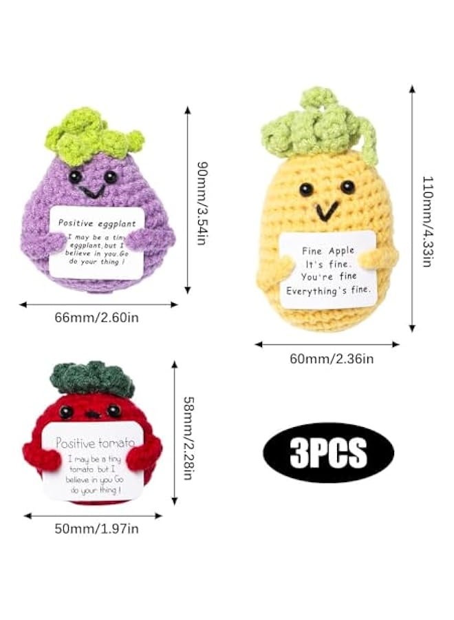 NIBEMINENT Pack of 3 Funny Positive Aubergine Pineapple Tomato Pocket Hug Positive Gifts Inspirational Potato with Positive Card Creative Knitting Wool Doll Gift for Women, Men, Partner - Image 2