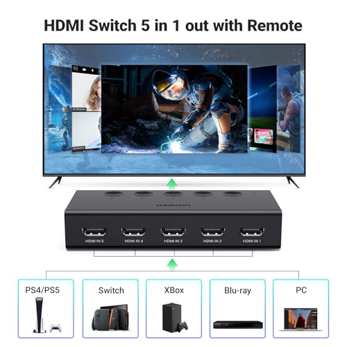 Ugreen مفتاح UGREEN HDMI 5 في 1 مخرج 4K@60Hz، موزع HDMI مع جهاز تحكم عن بعد 5 منافذ محول صندوق دعم 3D CEC HDR HDCP2.2 متوافق مع PS5/4/3 Xbox Nintendo Switch Roku TV Fire Stick أسود - Image 2