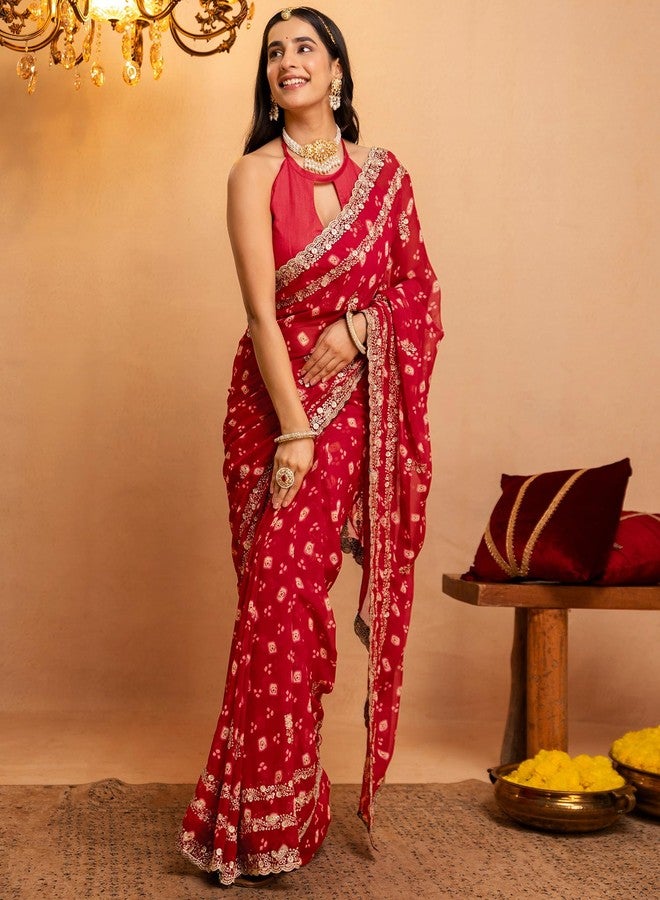 SIRIL Women's Georgette Bandhani Printed Saree with Embroidered Scalloped Border (5788S8174_Dark Red) - Image 4