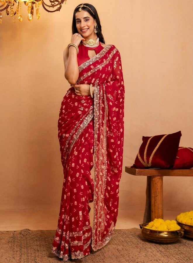 SIRIL Women's Georgette Bandhani Printed Saree with Embroidered Scalloped Border (5788S8174_Dark Red) - Image 1