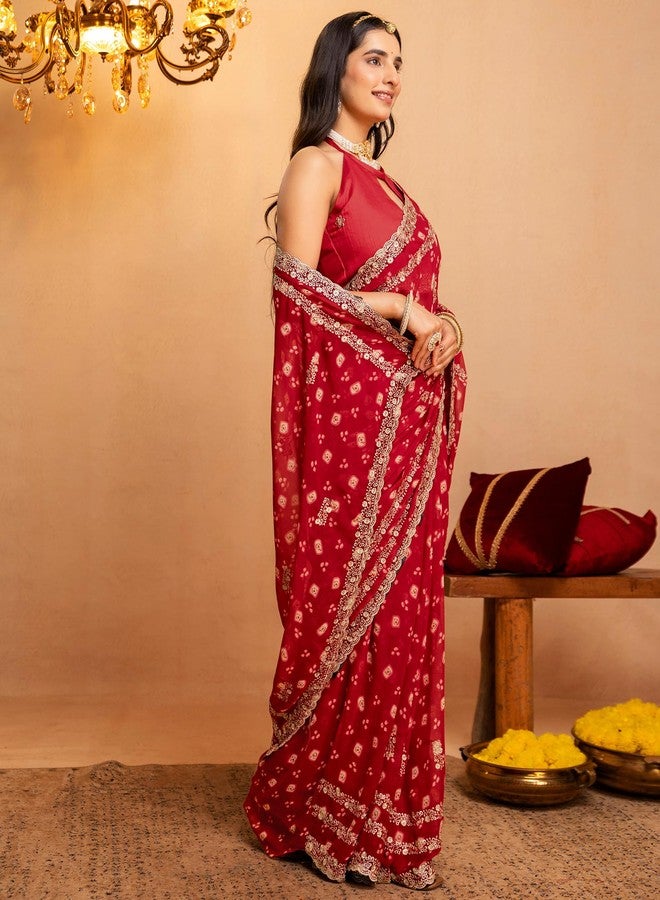 SIRIL Women's Georgette Bandhani Printed Saree with Embroidered Scalloped Border (5788S8174_Dark Red) - Image 2