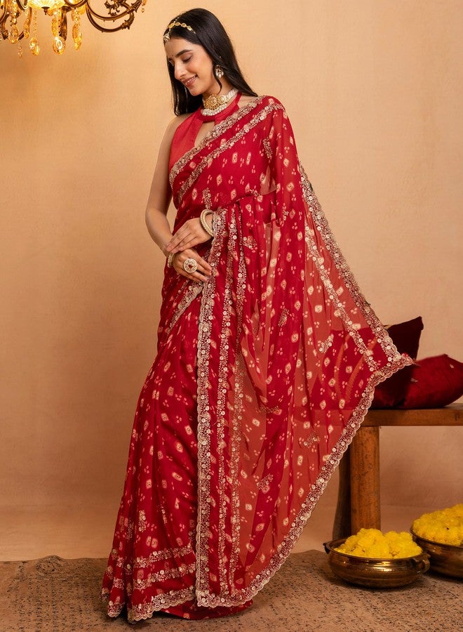 SIRIL Women's Georgette Bandhani Printed Saree with Embroidered Scalloped Border (5788S8174_Dark Red) - Image 3