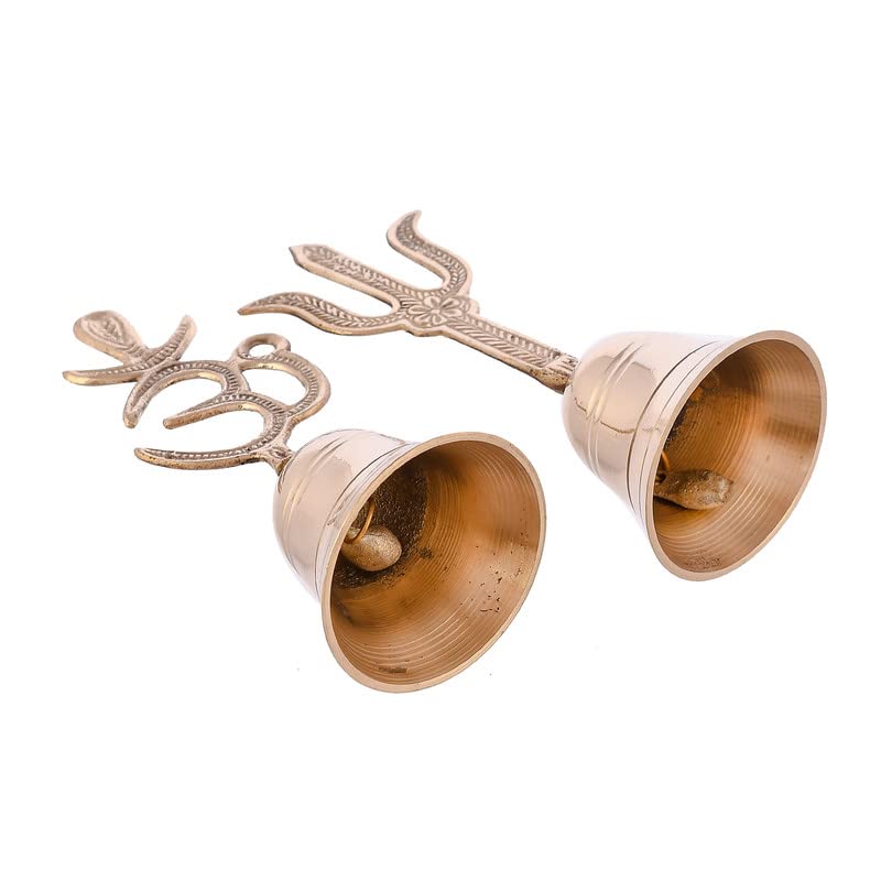 Piepot Brass Om & Trishul Symbol Pooja Bell- Puja Handbell- Home and Temple Prayer Bell Musical Instruments for Puja and Gift Mandir Ghanti (Combo Pack of OM & Trishul) - Image 2