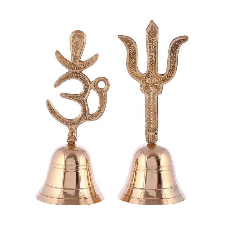 Piepot Brass Om & Trishul Symbol Pooja Bell- Puja Handbell- Home and Temple Prayer Bell Musical Instruments for Puja and Gift Mandir Ghanti (Combo Pack of OM & Trishul) - Image 1