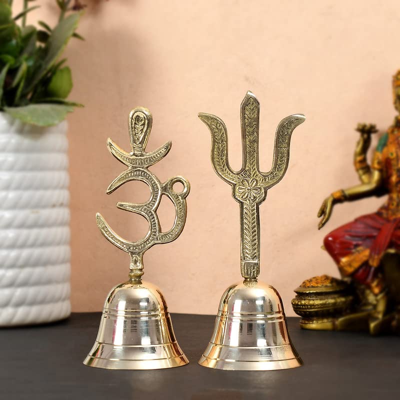 Piepot Brass Om & Trishul Symbol Pooja Bell- Puja Handbell- Home and Temple Prayer Bell Musical Instruments for Puja and Gift Mandir Ghanti (Combo Pack of OM & Trishul) - Image 5