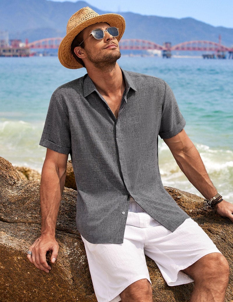 COOFANDY Men's Linen Wedding Shirts - Short Sleeve, Button Up, Casual, Relaxed-Fit Dark Grey - Image 4