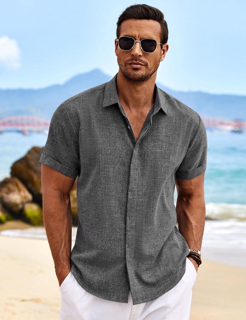 COOFANDY Men's Linen Wedding Shirts - Short Sleeve, Button Up, Casual, Relaxed-Fit Dark Grey - Image 2