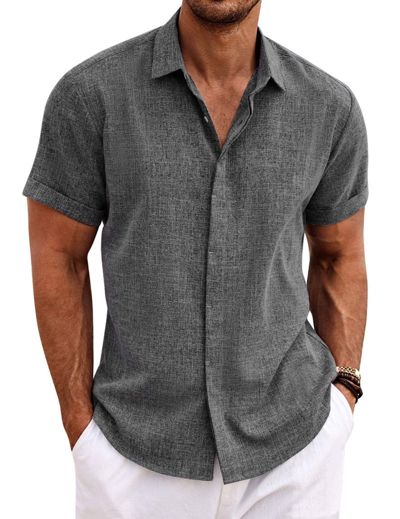 COOFANDY Men's Linen Wedding Shirts - Short Sleeve, Button Up, Casual, Relaxed-Fit Dark Grey - Image 1