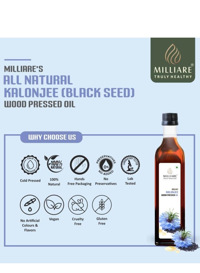 Milliare Natural Kalonji (Black Seed) Oil Wood Pressed Oil - 100% Pure  Best for Body, Skin & Hair | Natural Kalonji (Black Seed) Oil | Pure Organic Essential Oil | 250 ml | Non Preservative Oil - Image 3