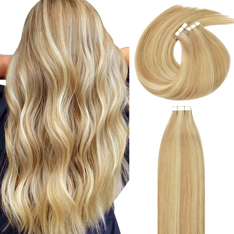 Lacer Natural Hair Extensions Tape in Human Hair Highlight Seamless PU Skin Weft 100 Real Virgin Hair Highlight Golden Blonde to Platinum Blonde 50g 20pcsset 18 Inch P1260