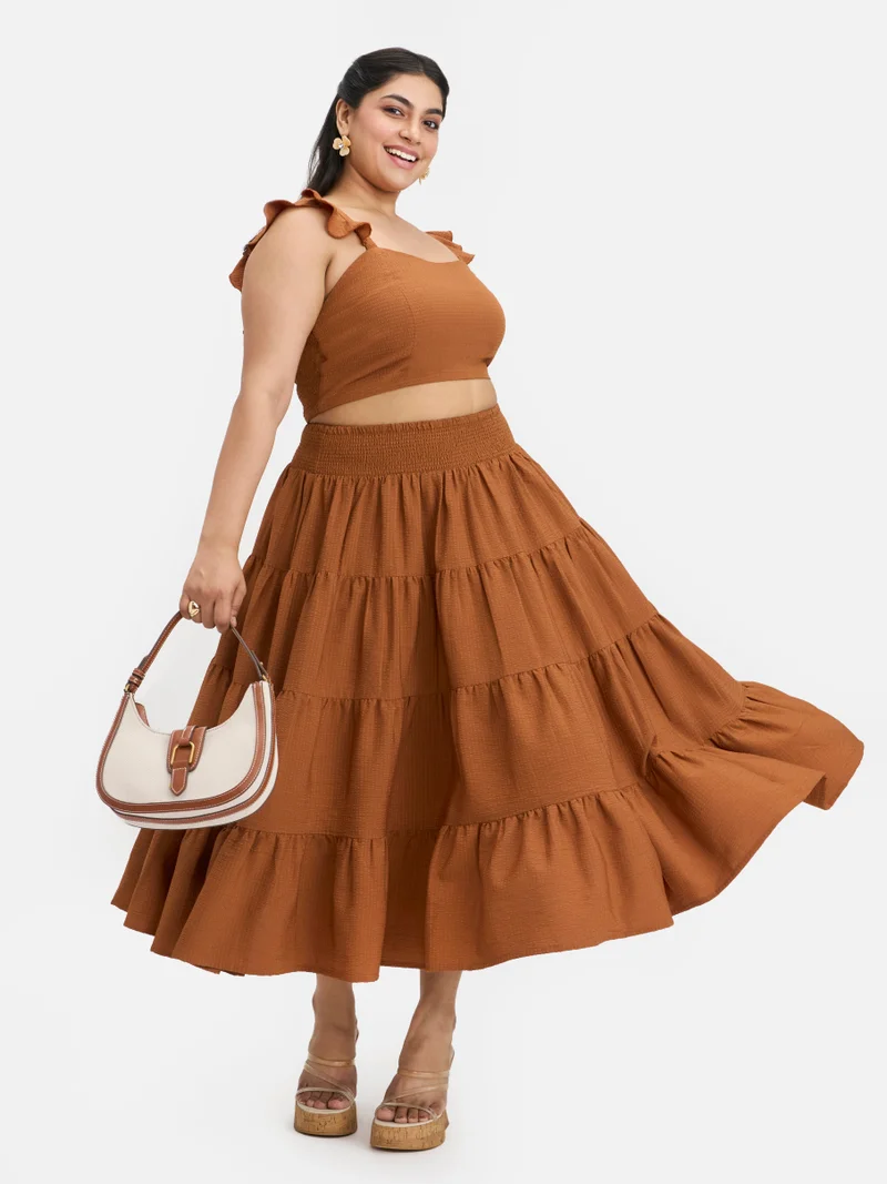 فيرجيو Solid Bubble Crepe Tiered Boho Maxi Plus Size Skirt for Women