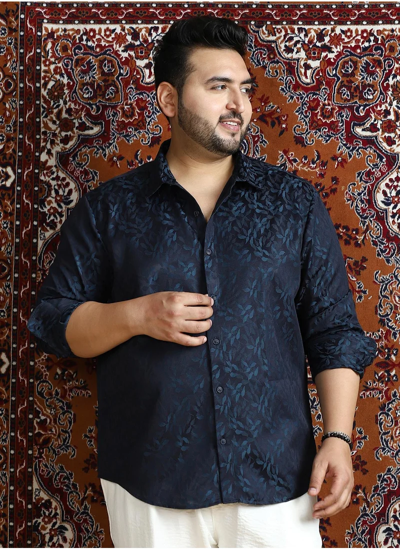انستافاب بلس Instafab Plus Men's Indigo Blue Foliage Self-Woven Shirt For Casual Wear | Spread Collar | Long Cuffed Sleeves | Button Closure | Plus Size Shirt Crafted With Comfort Fit For Everyday Wear