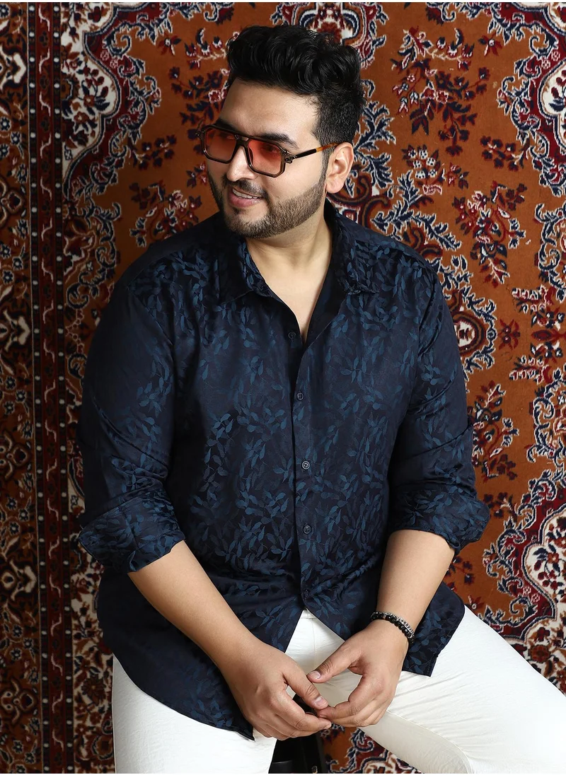 انستافاب بلس Instafab Plus Men's Indigo Blue Foliage Self-Woven Shirt For Casual Wear | Spread Collar | Long Cuffed Sleeves | Button Closure | Plus Size Shirt Crafted With Comfort Fit For Everyday Wear