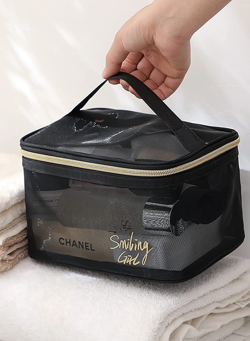 Zikra Makeup Bags Portable Travel Cosmetic Bag Waterproof Organizer Multifunction Case with Gold Zipper Mesh Pouch Black Mesh Makeup Bag,Bathroom Toiletries Organizer for Women and Men, 3pcs - Image 5