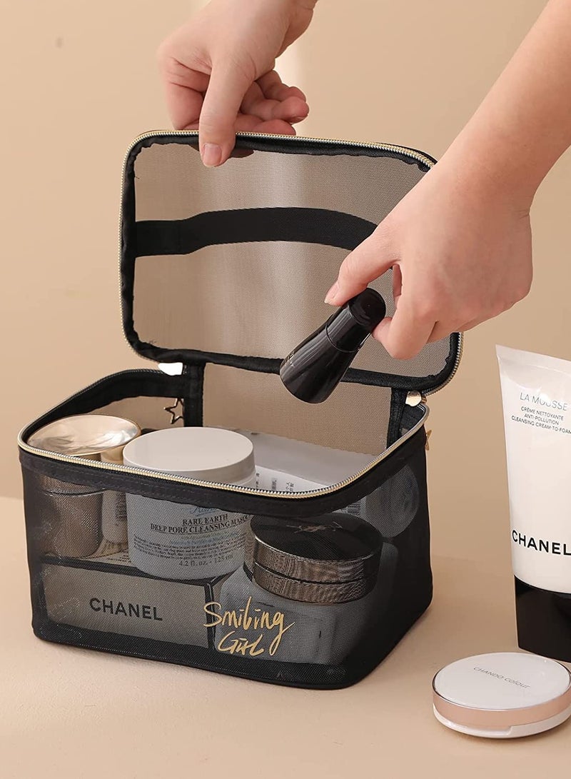 Zikra Makeup Bags Portable Travel Cosmetic Bag Waterproof Organizer Multifunction Case with Gold Zipper Mesh Pouch Black Mesh Makeup Bag,Bathroom Toiletries Organizer for Women and Men, 3pcs - Image 3