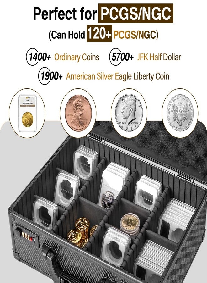صندوق تخزين العملات المصنفة من لوككركس - يتسع لـ 120 قطعة من NGC/PCGS، علبة آمنة لهواة جمع العملات مزودة بأقفال مركبة، منظم لمجموعة العملات المصنفة، أسود - Image 2