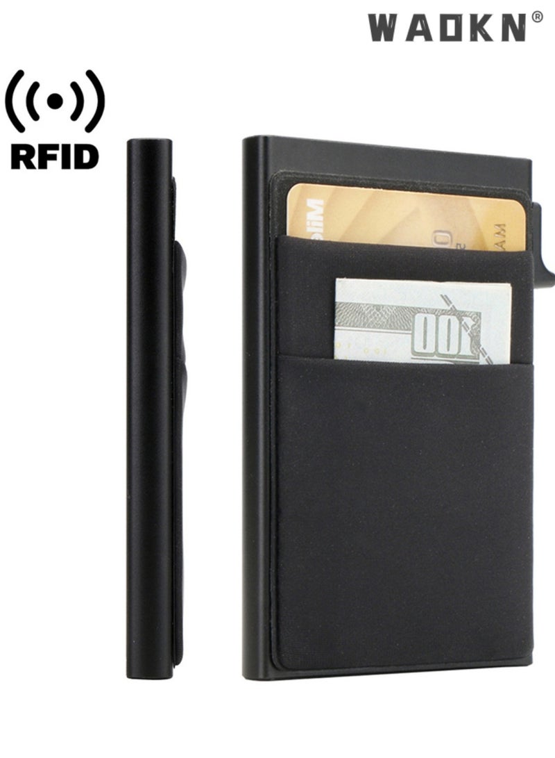 WAOKN Slim Aluminum Pop Up Card Holder Wallet for Men 2025 Upgrade, RFID Blocking Metal Card Case With Screw Reinforced Side Push Design, Holds 5+ Cards & Cash, Unisex Solid Black - Image 2