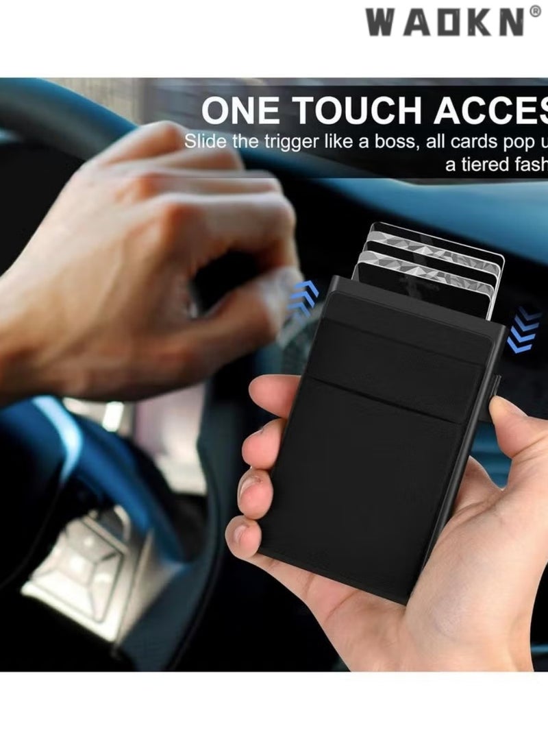 WAOKN Slim Aluminum Pop Up Card Holder Wallet for Men 2025 Upgrade, RFID Blocking Metal Card Case With Screw Reinforced Side Push Design, Holds 5+ Cards & Cash, Unisex Solid Black - Image 4