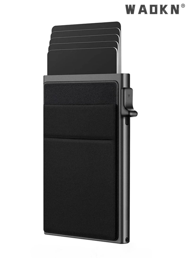 WAOKN Slim Aluminum Pop Up Card Holder Wallet for Men 2025 Upgrade, RFID Blocking Metal Card Case With Screw Reinforced Side Push Design, Holds 5+ Cards & Cash, Unisex Solid Black - Image 1